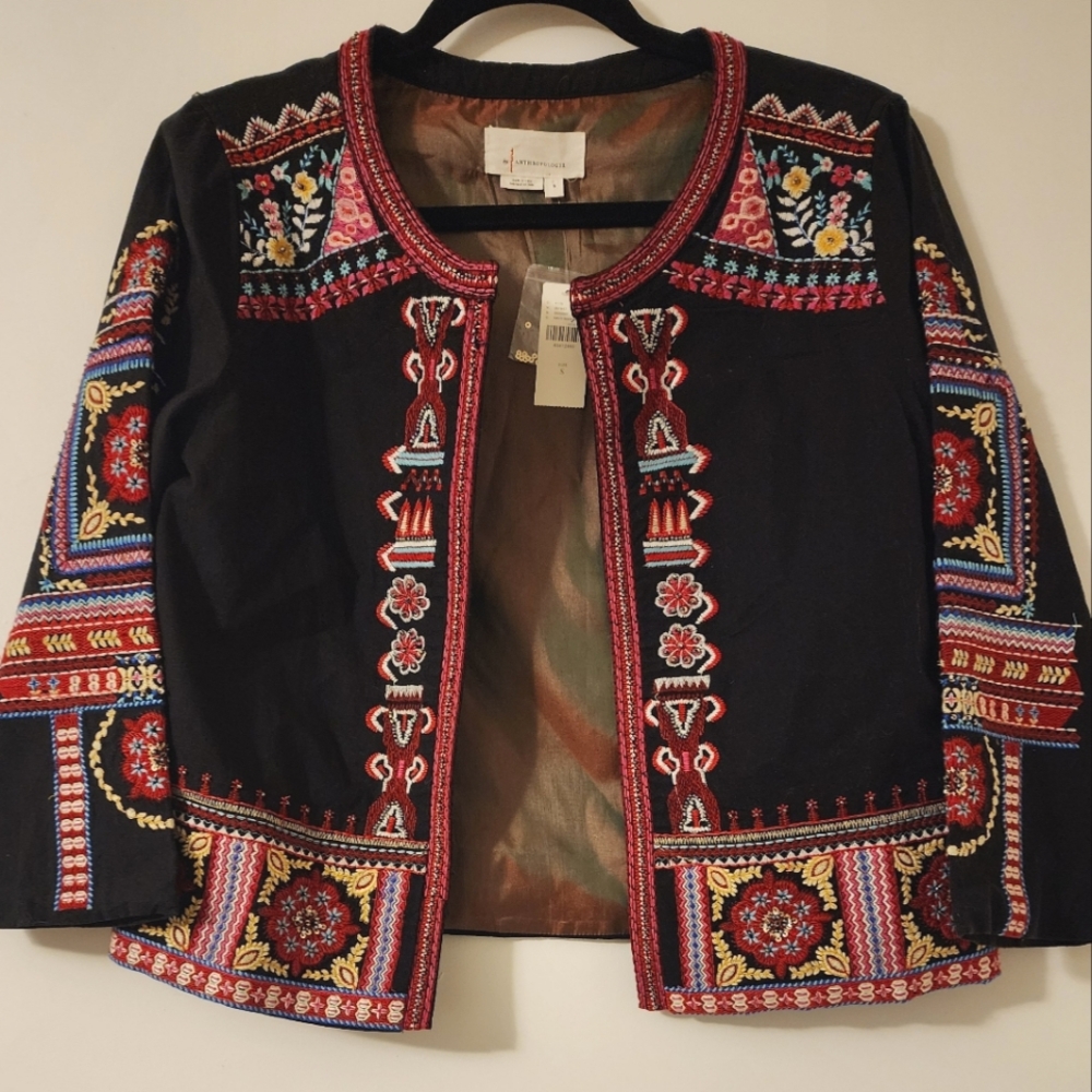 Anthropologie NWT $180 Abstract Colorful Embroidered Floral Cotton Boho Jacket S - Picture 3 of 11